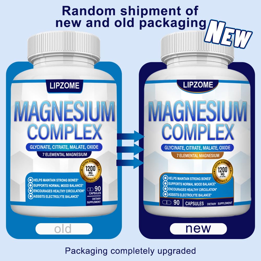 Magnesium Complex Supplement 1200mg - Advanced 7-in-1 Magnesium Blend - Glycinate, Citrate, Malate, Taurate, Oxide, Aspartate, Orotate – High Absorption Formula – Non-GMO, 90 Capsules Lipzome uk supplements
