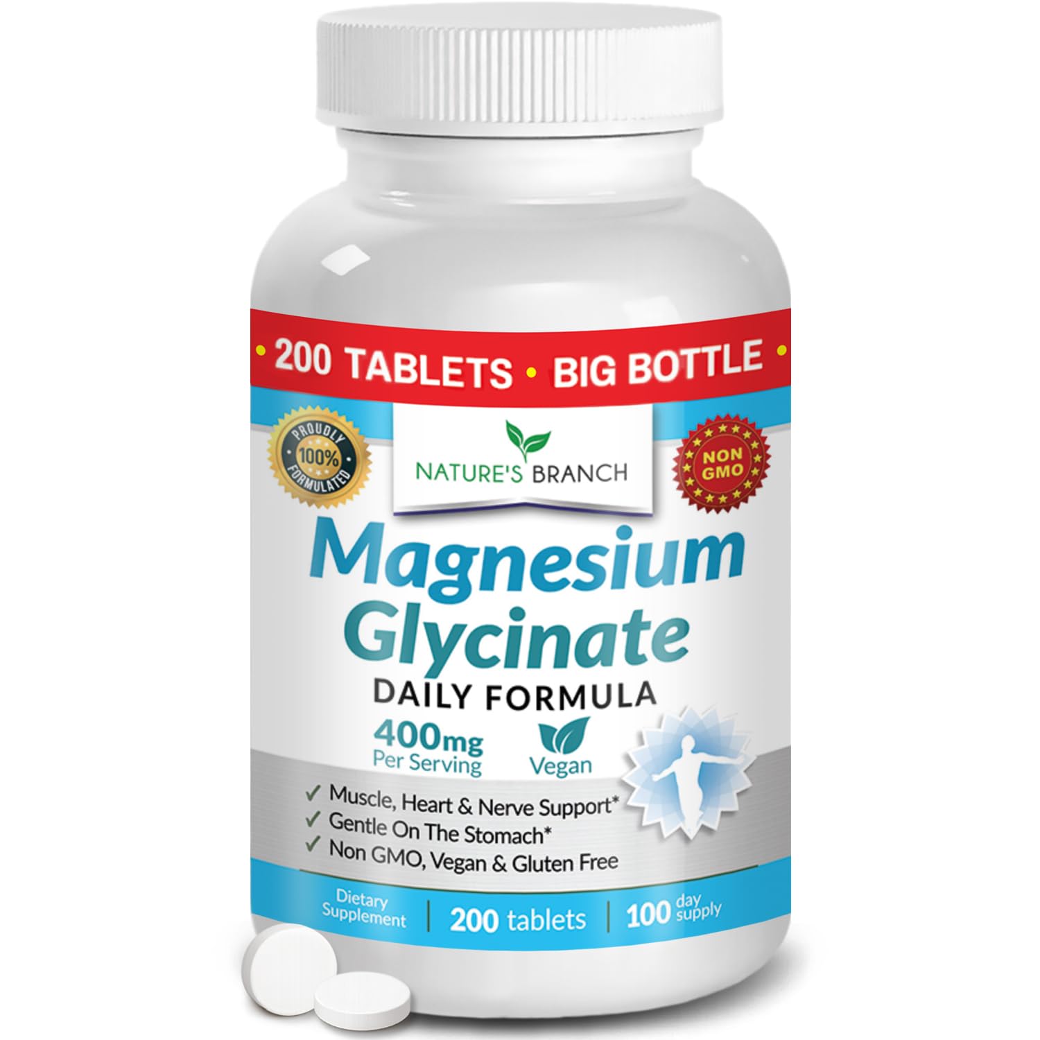 Magnesium Glycinate 400mg | 200 Tablets | High Absorption Mag Supplements for Sleep, Leg Cramps, Heart, Muscle, Calm | Non Buffered Bisglycinate, Extra Strength for Women and Men, Tablets Not Capsules NATURE'S BRANCH uk supplements