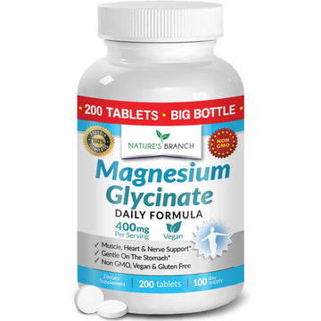 Magnesium Glycinate 400mg | 200 Tablets | High Absorption Mag Supplements for Sleep, Leg Cramps, Heart, Muscle, Calm | Non Buffered Bisglycinate, Extra Strength for Women and Men, Tablets Not Capsules NATURE'S BRANCH uk supplements
