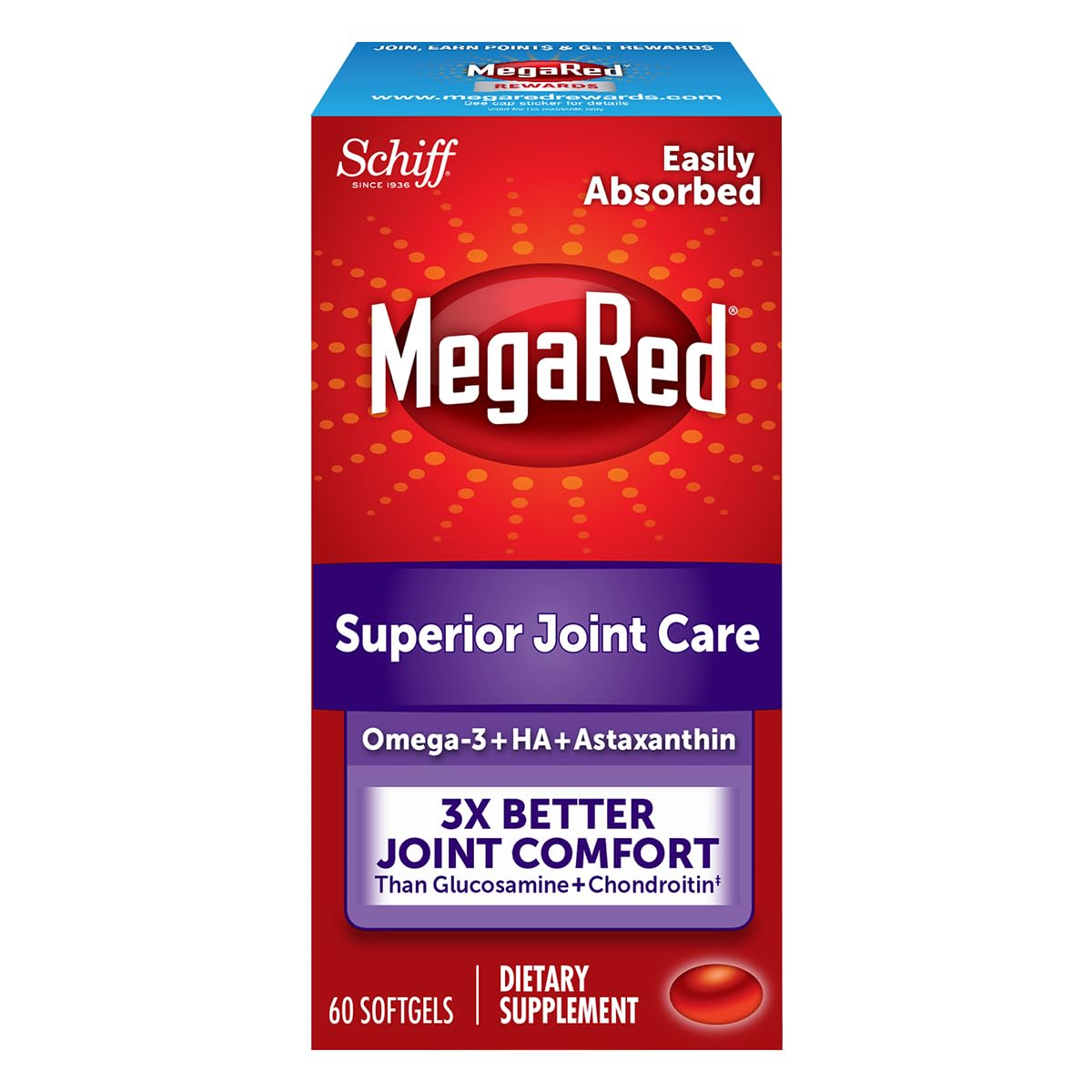 Omega-3 Krill Oil and Joint Supplement - Megared Joint Care 60 softgels - EPA/DHA fatty acids, Antioxidants, Hyaluronic acid, No fishy burp aftertaste as with Fish Oil MegaRed uk supplements