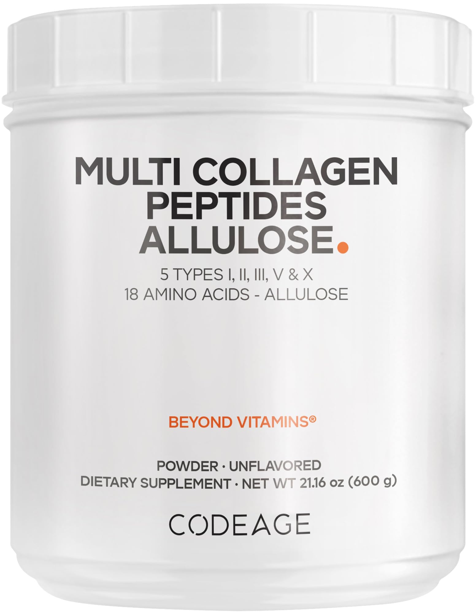 Codeage Multi Collagen Peptides Powder + Allulose - 5 Types - Grass-Fed Collagen - Rare Sugar Allulose Supplement - 0 Calorie Sweetener & 0 Carbs - 18 Amino Acids - Unflavored - Non-GMO - 30 Servings Codeage uk supplements