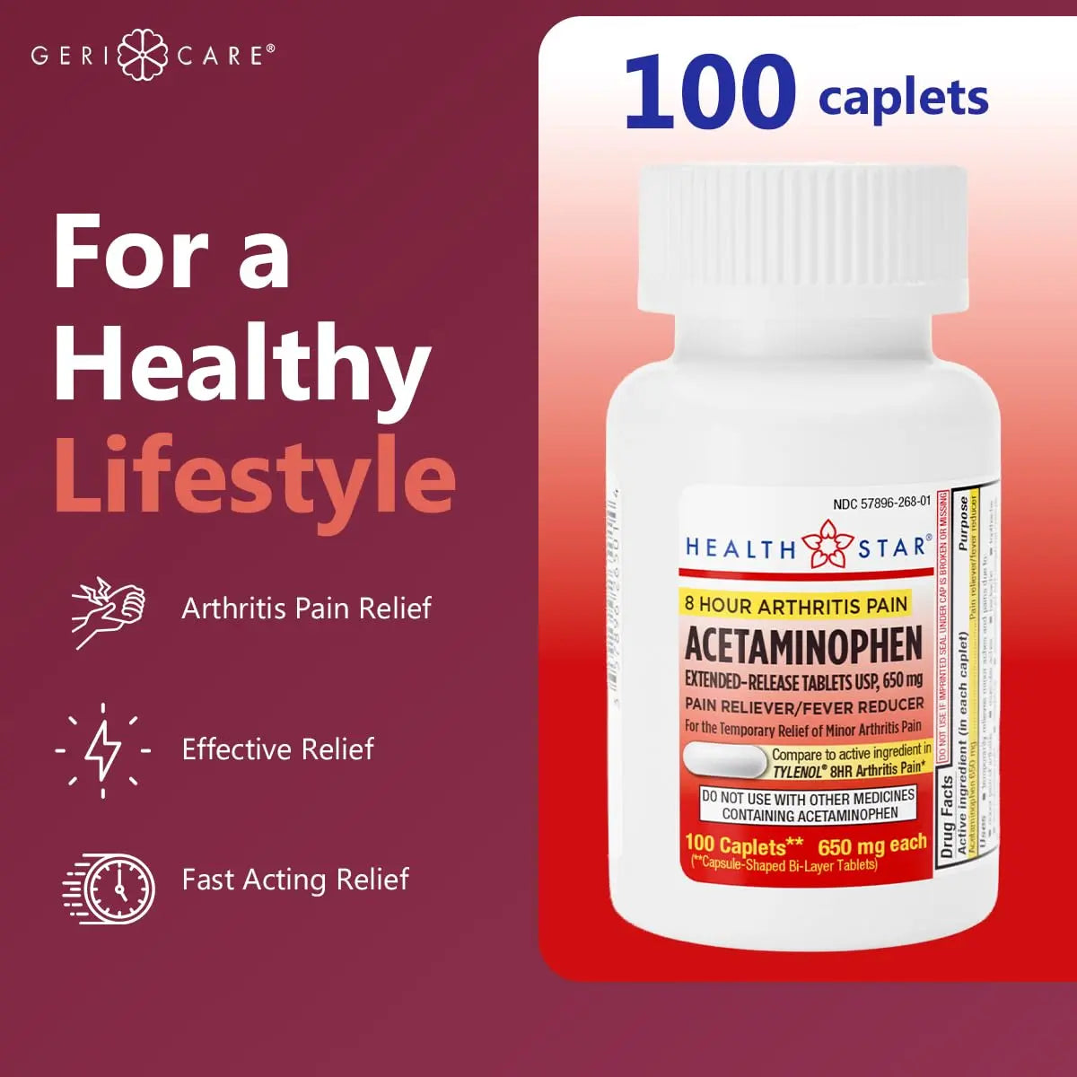 GeriCare Acetaminophen Extended-Release Arthritis 650mg Caplets, Pain Reliever, Arthritis Symptoms, Fever Reduction, 100 Count (Pack of 1) GeriCare uk supplements