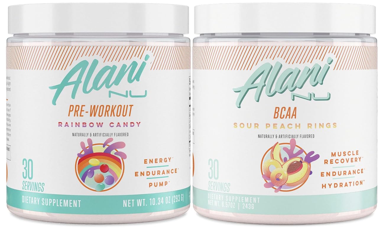 Alani Nu Rainbow Candy Pre Workout and BCAA Sour Peach Rings Post Workout Powder Alani Nu uk supplements