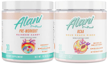 Alani Nu Rainbow Candy Pre Workout and BCAA Sour Peach Rings Post Workout Powder Alani Nu uk supplements