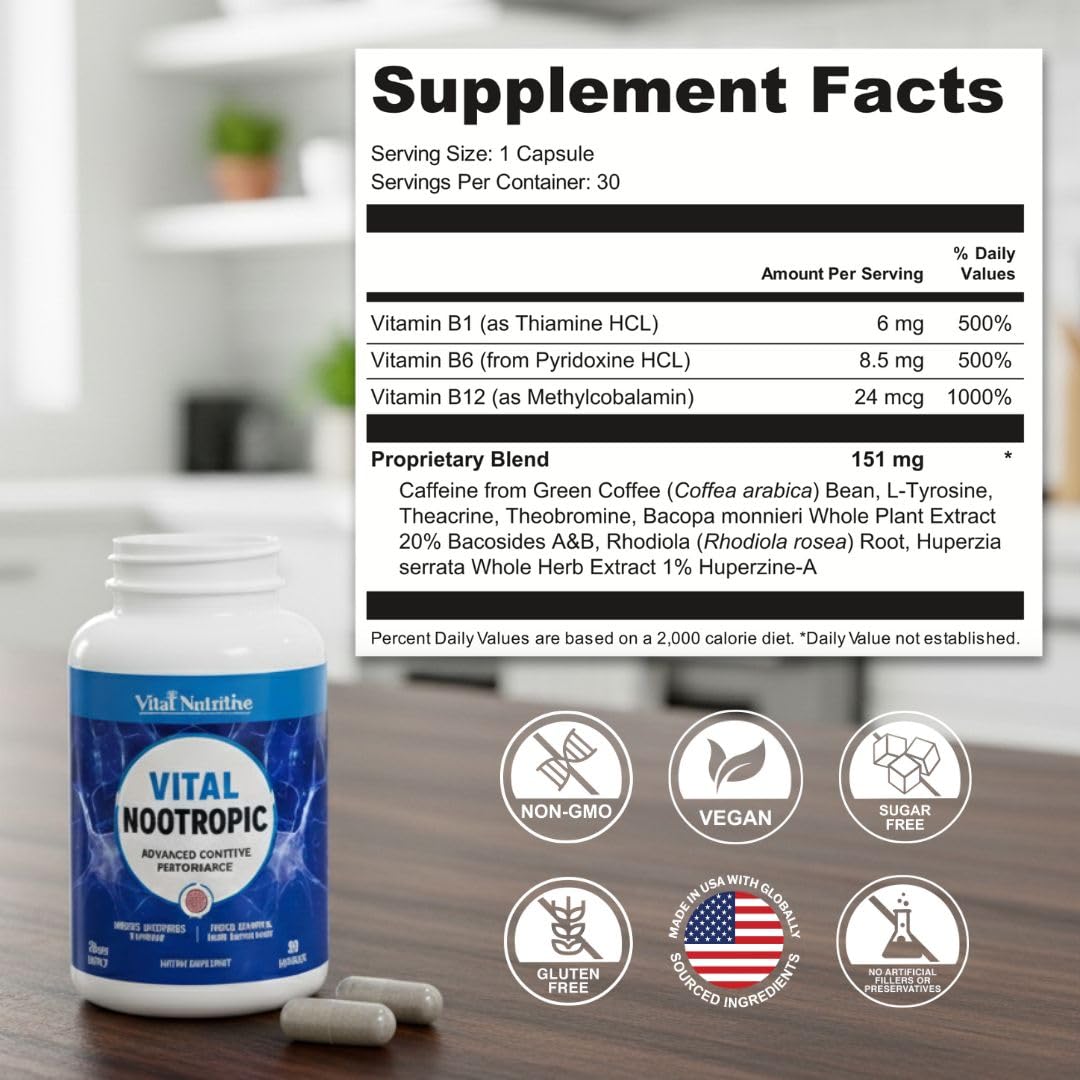 Vital Nootropic 12-in-1 Brain Supplement for Memory, Focus & Energy Support – L-Tyrosine, Bacopa, Rhodiola, Caffeine, B Vitamins – Cognitive Balance Capsules for Men & Women-30 Days Supply VITAL NUTRITIVE uk supplements