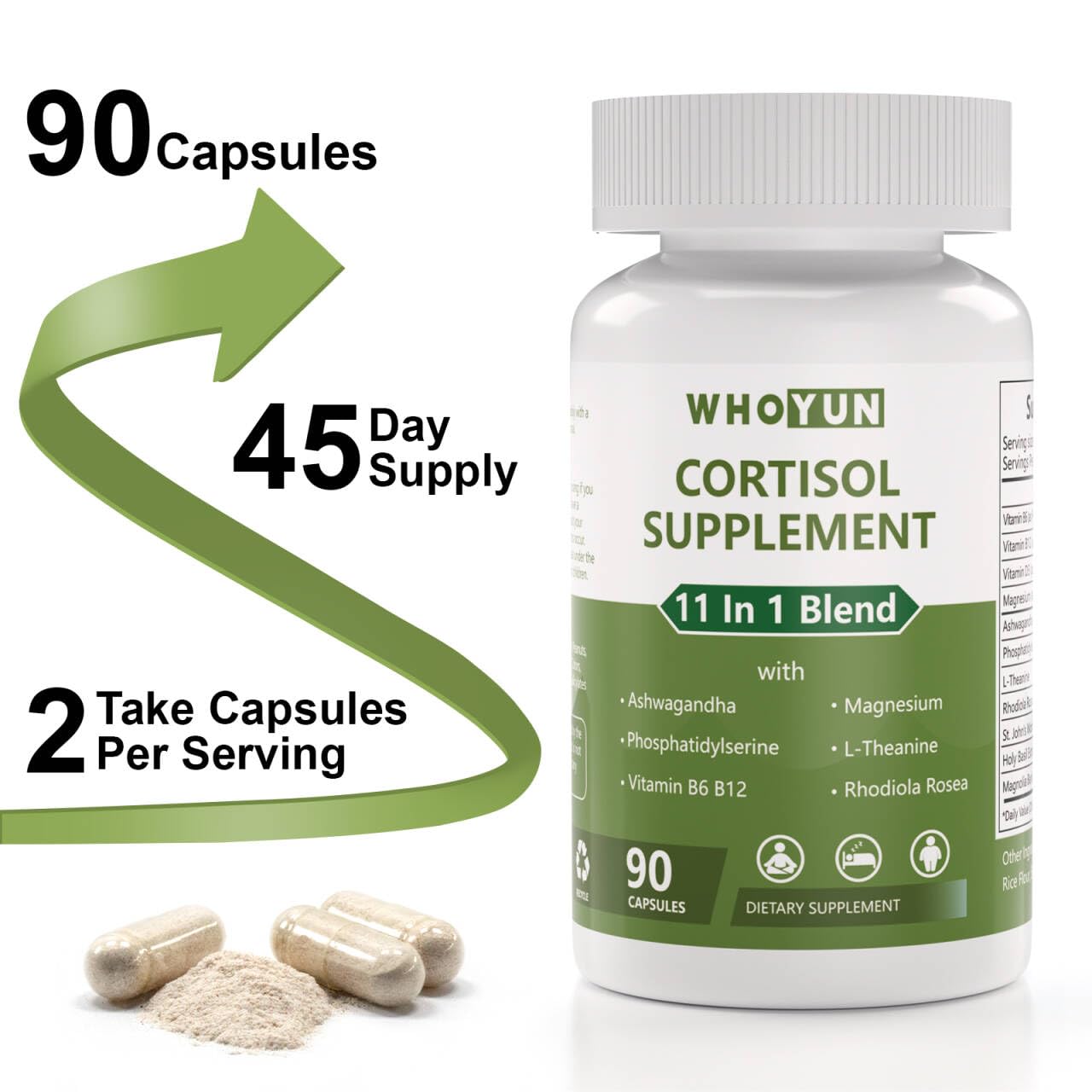Whoyun Cortisol Supplement for Women, 11 in 1 Lower Cortisol Blend with Ashwagandha, Phosphatidylserine, Magnesium, L-Theanine, Vegan, 90 Capsules Whoyun uk supplements