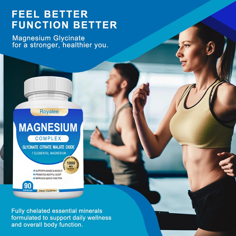 Magnesium Complex Supplement - 1000mg with 7 Magnesium Forms Including Glycinate, Citrate, Malate, Taurate & Orotate - Supports Relaxation, Muscle Function & Bone Strength - 90 Capsules Royalee uk supplements