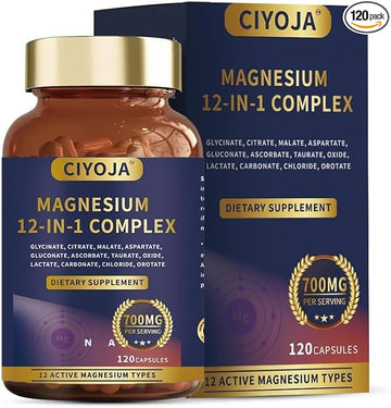 12 in 1 Magnesium Complex 700mg: Magnesium Supplement with Glycinate, Citrate, Malate, Taurate, High Absorption Magnesium for Sleep, Muscle Recovery, Nerve & Heart Support, Vegan, 120 Capsules CIYOJA uk supplements