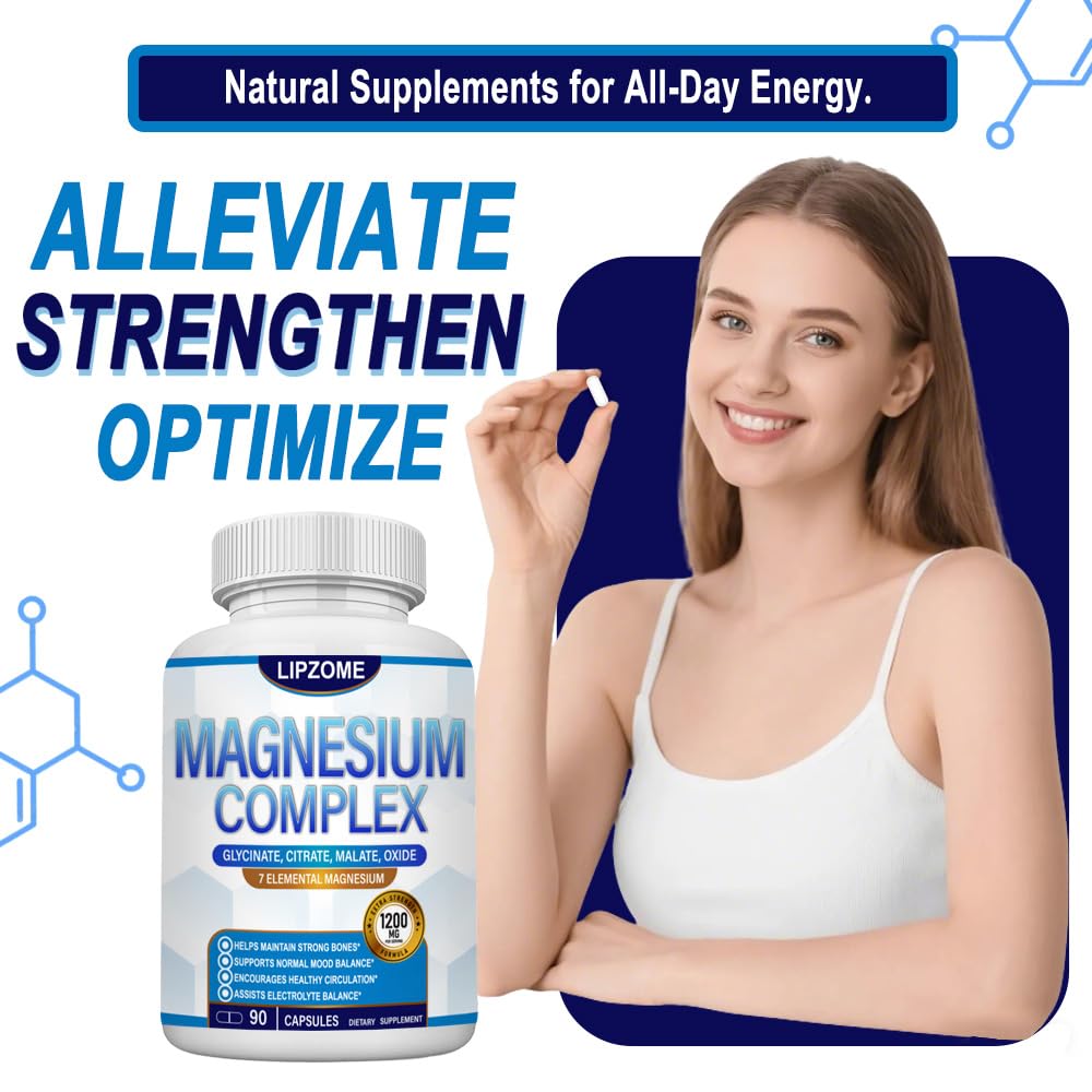 Magnesium Complex Supplement 1200mg - Advanced 7-in-1 Magnesium Blend - Glycinate, Citrate, Malate, Taurate, Oxide, Aspartate, Orotate – High Absorption Formula – Non-GMO, 90 Capsules Lipzome uk supplements