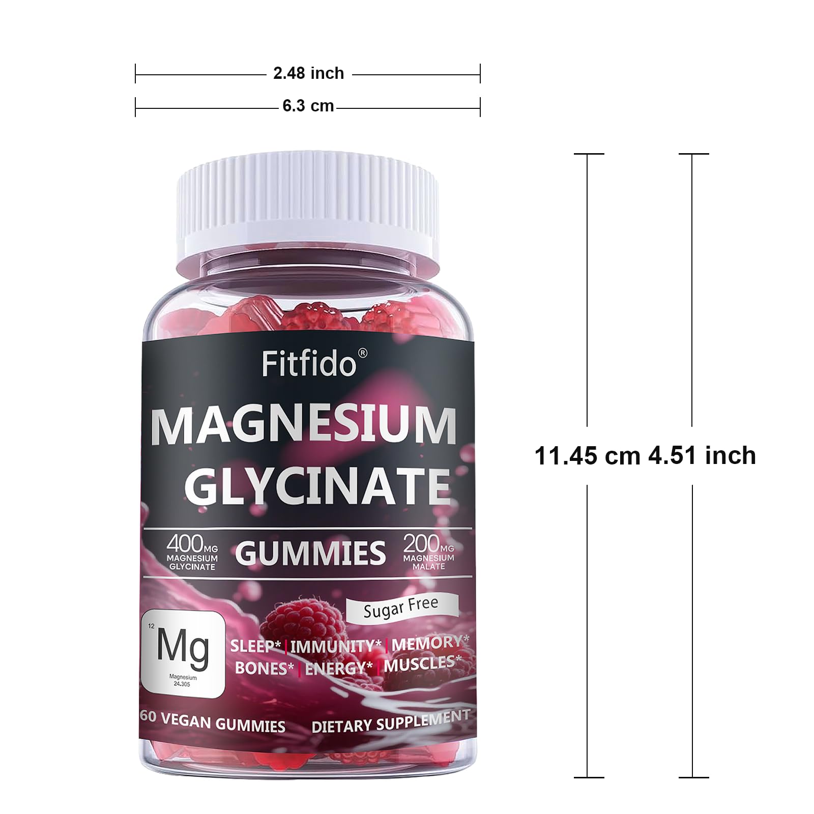 Magnesium Glycinate Gummies 400mg, Chewable Sugar Free Magnesium Supplement with Magnesium Glycinate, Magnesium Malate and Protein for Sleep, Relaxation, Brain & Muscle - Vegan (60 Count, Raspberry) Fitfido uk supplements