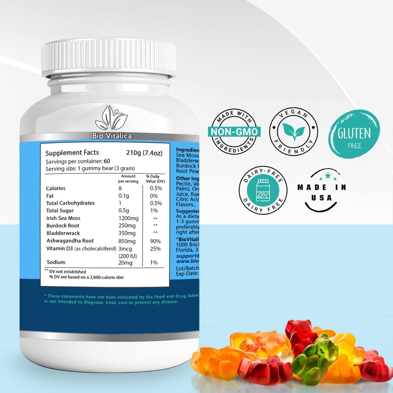 BIO VITALICA Sea Moss Ashwagandha Gummies - Organic Irish Seamoss & Ashwagandha Root Supplements for Supporting Energy for Men & Women, 60 Vegan Gummies BIO VITALICA uk supplements