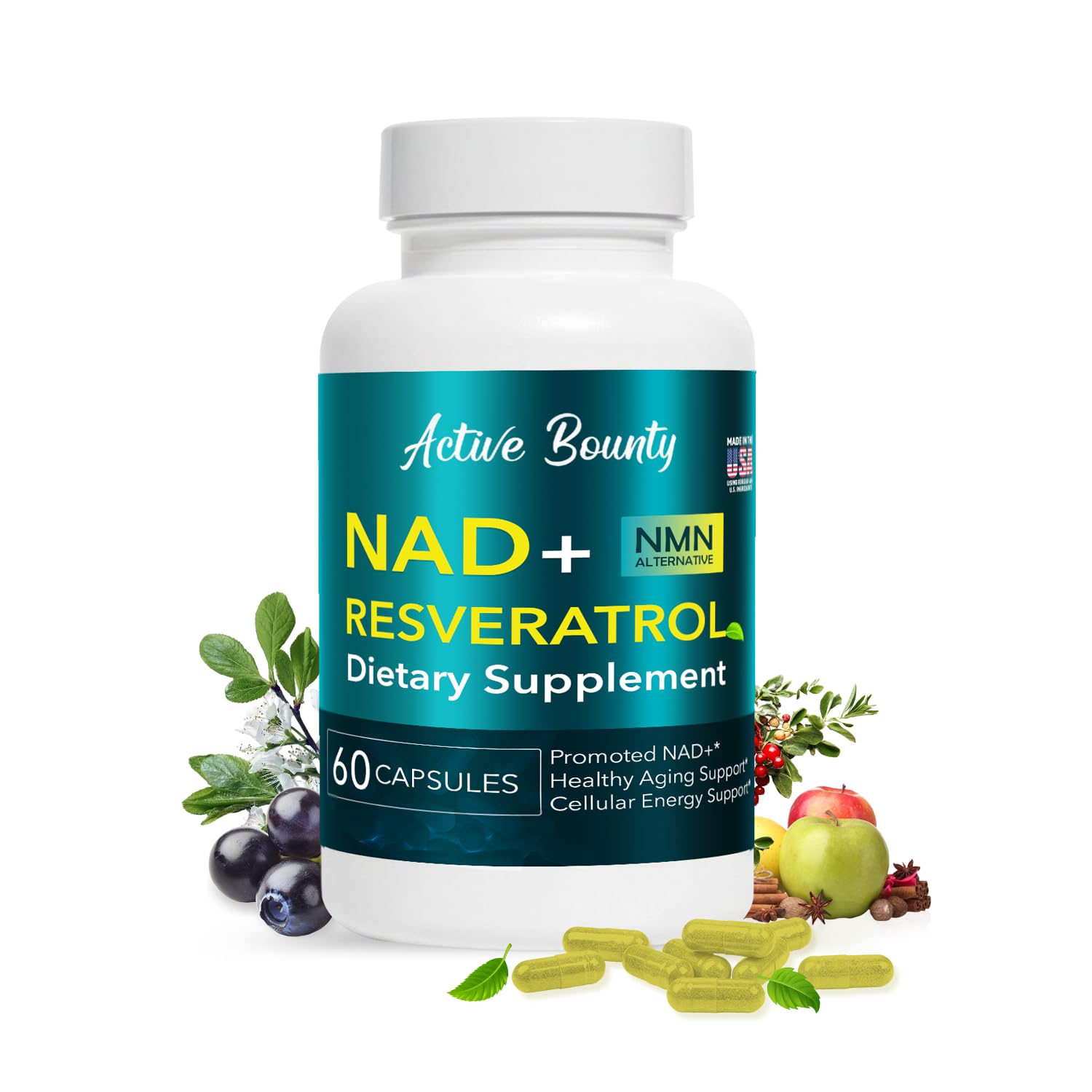 NAD+ Resveratrol Supplement with Quercetin – NMN Alternative for Cellular Energy Support, Focus & Healthy Aging – High Potency 500mg NAD+ Formula, Vegan, Non-GMO, Gluten-Free, Made in USA, 60 Capsules Active Bounty uk supplements
