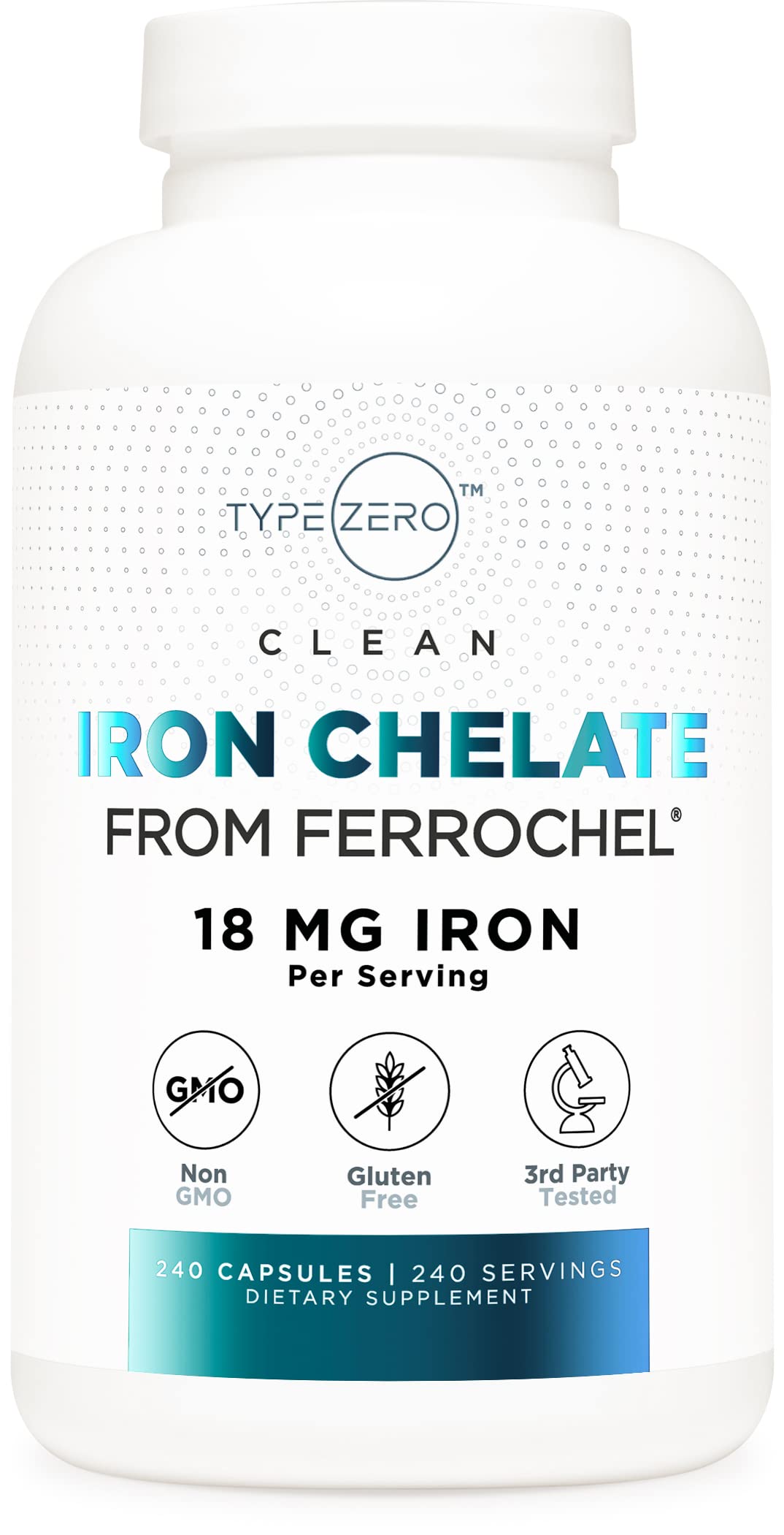 Type Zero Iron Chelate Capsules (18 MG, 240 CAPS) from Ferrochel Ferrous Bisglycinate Chelate - Non-GMO and Gluten Free Type Zero uk supplements