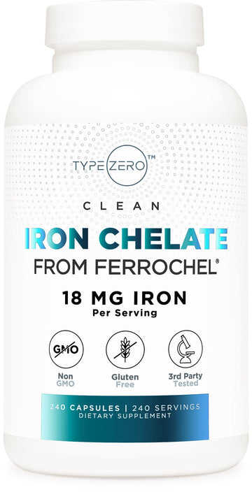 Type Zero Iron Chelate Capsules (18 MG, 240 CAPS) from Ferrochel Ferrous Bisglycinate Chelate - Non-GMO and Gluten Free Type Zero uk supplements