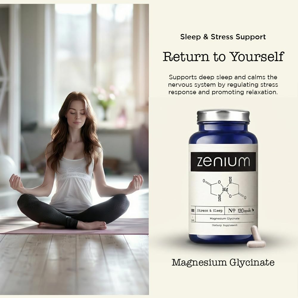 Zenium - Magnesium Glycinate for Sleep, Chelated, 600mg per Serving, 120 Capsules | High Absorption | Relieve Tension, Worry, Nervousness | Calm The Mind & Body | Ayurvedic | Natural Relief Supplement Zenium uk supplements