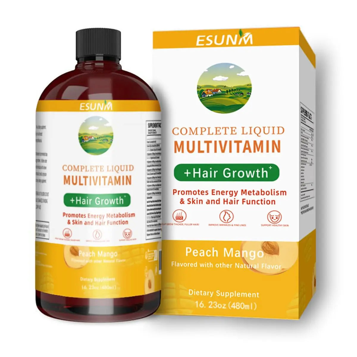 ESUNM Complete Liquid Multivitamin + Hair Growth, Promotes Energy Metabolism& Skin and Hair Function| Vitamin C D | B Vitamins | ESUNM uk supplements
