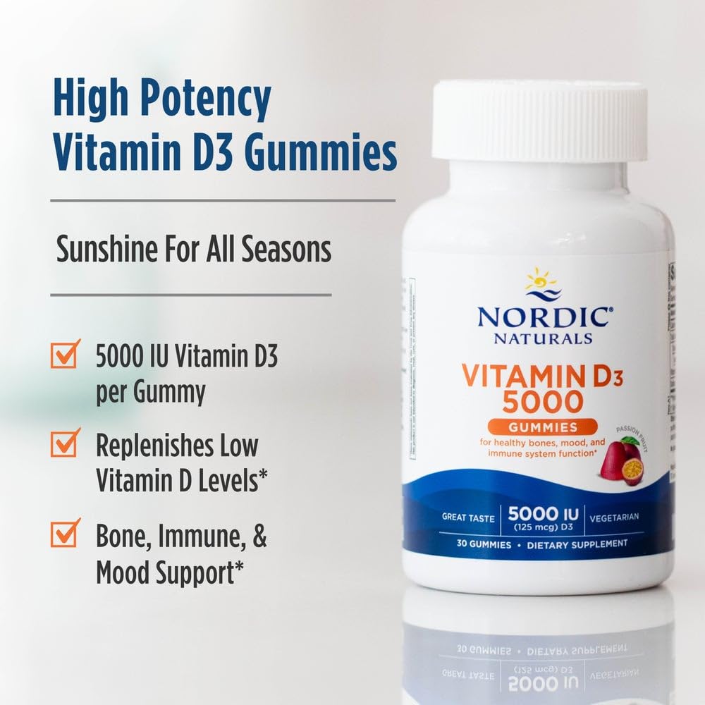 Nordic Naturals Vitamin D3 5000 Gummies, Passion Fruit - 30 Gummies - Support for Healthy Bones, Mood, & Immune System - Vegetarian - Non-GMO - 30 Servings Nordic Naturals uk supplements