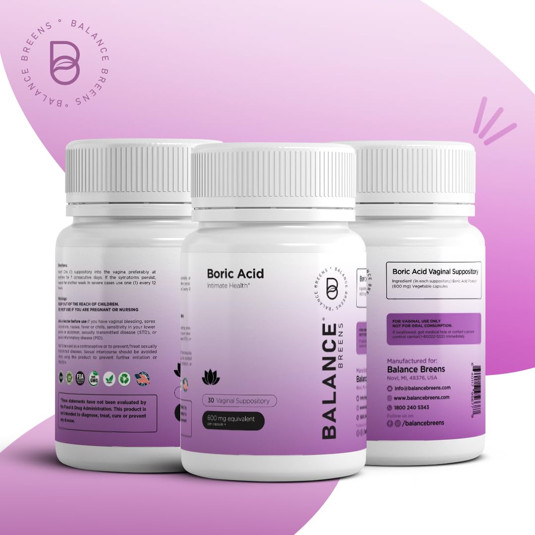 Boric Acid Suppositories for Women 600 mg - 30 Vaginal Use Capsules - ph Balance Pills, Odor Control Balancebreens uk supplements