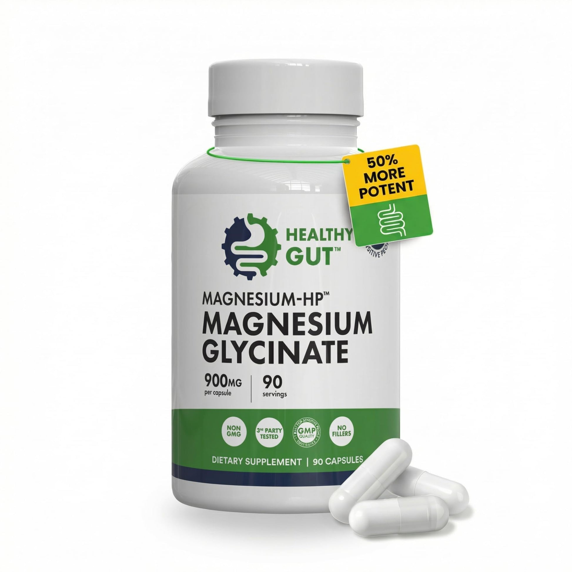 Healthy Gut Magnesium-HP | Ultra Pure Magnesium Glycinate Capsules with Zero Fillers | 180 mg Magnesium Glycinate | 90 Servings Healthy Gut uk supplements