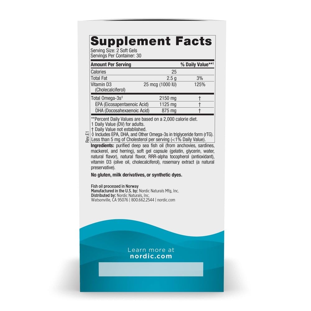 Nordic Naturals Ultimate Omega 2X with Vitamin D3, Lemon Flavor - 60 Soft Gels - 2150 mg Omega-3 + 1000 IU D3 - EPA & DHA - Brain, Heart, & Immune Health - 30 Servings Nordic Naturals uk supplements