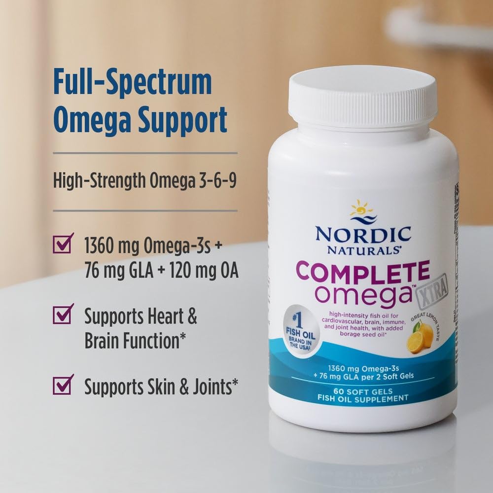 Nordic Naturals Complete Omega Xtra, Lemon - 60 Soft Gels - 1360 mg Omega-3 + 76 mg GLA - Healthy Skin - Cognition - Non-GMO - 30 Servings Nordic Naturals uk supplements