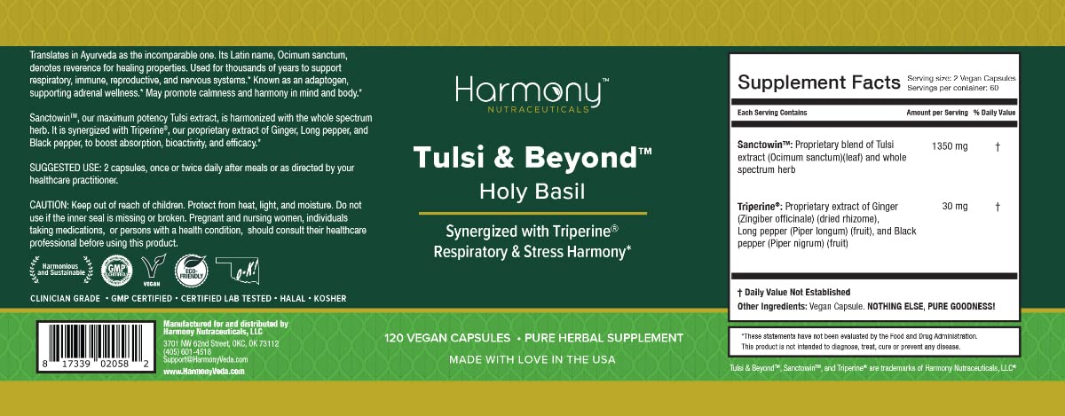 Tulsi - Holy Basil Supplement - Highest Potency, Maximum bio-availabilty, Made with Organic Herbs (Vegetarian Capsules, 120 Count) Harmony Nutraceuticals uk supplements