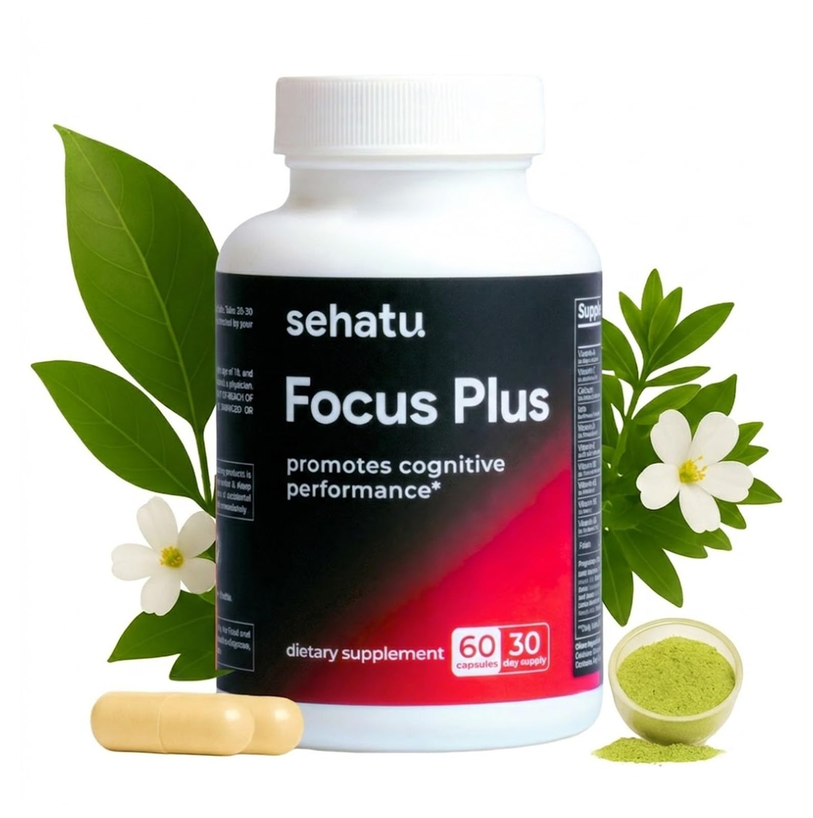 SEHATU Focus Plus Cognitive Performance Enhancer | with N-Acetyl L-Tyrosine, DMAE Bitartrate, GABA, Glutamic Acid | Boosts Focus, Enhances Memory, Supports Brain Health | 60 Count | 30 Day Supply SEHATU uk supplements