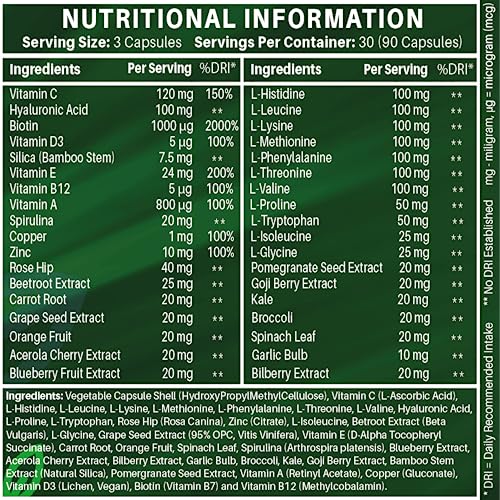 Vegan Collagen Supplement For Skin, Hair, Nails, Joints & Bones with Hyaluronic Acid, Biotin, Lysine, Bamboo Silica, Zinc, Vitamin C, D3, B12, E NUTRABYTES uk supplements