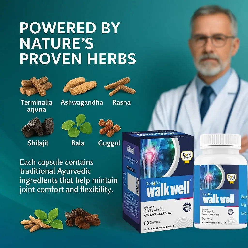 Royal Bee Walkwell Capsules – 60 Capsules – Supports Joint Pain & Inflammation Relief · Useful in Osteoarthritis · Promotes Flexibility & Mobility · Clinically Studied Herbal Ingredients Generic uk supplements