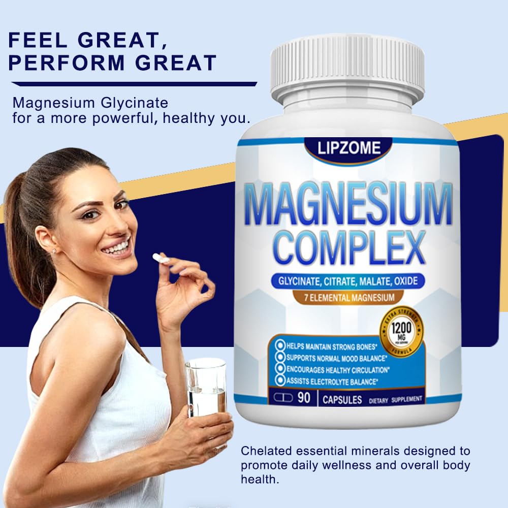 Magnesium Complex Supplement 1200mg - Advanced 7-in-1 Magnesium Blend - Glycinate, Citrate, Malate, Taurate, Oxide, Aspartate, Orotate – High Absorption Formula – Non-GMO, 90 Capsules Lipzome uk supplements