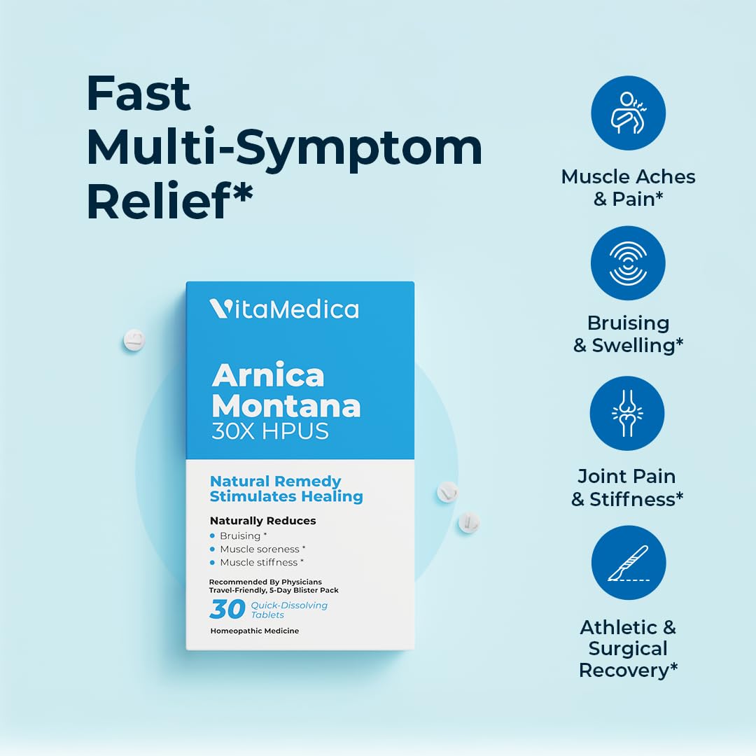 Arnica Montana 30X HPUS, Clinical Grade, Quick Dissolve Tablets, Five-Day Recovery Pack for Pain and Bruise Relief After Surgery or Injury, Natural Healing, Gentle on The Stomach - 30 Count VitaMedica uk supplements