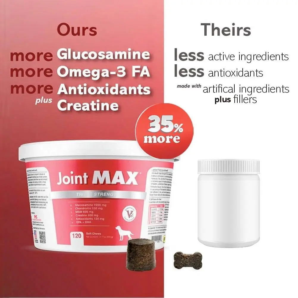 Joint Max TS Joint Supplement Vet Formulated Pain & Inflammation Relief Treats Hip Dysplasia & Arthritis, Glucosamine, Chondroitin, Turmeric, MSM, HA, Creatine, Omega 3 EPA + DHA.120 Soft Chews Joint Max uk supplements