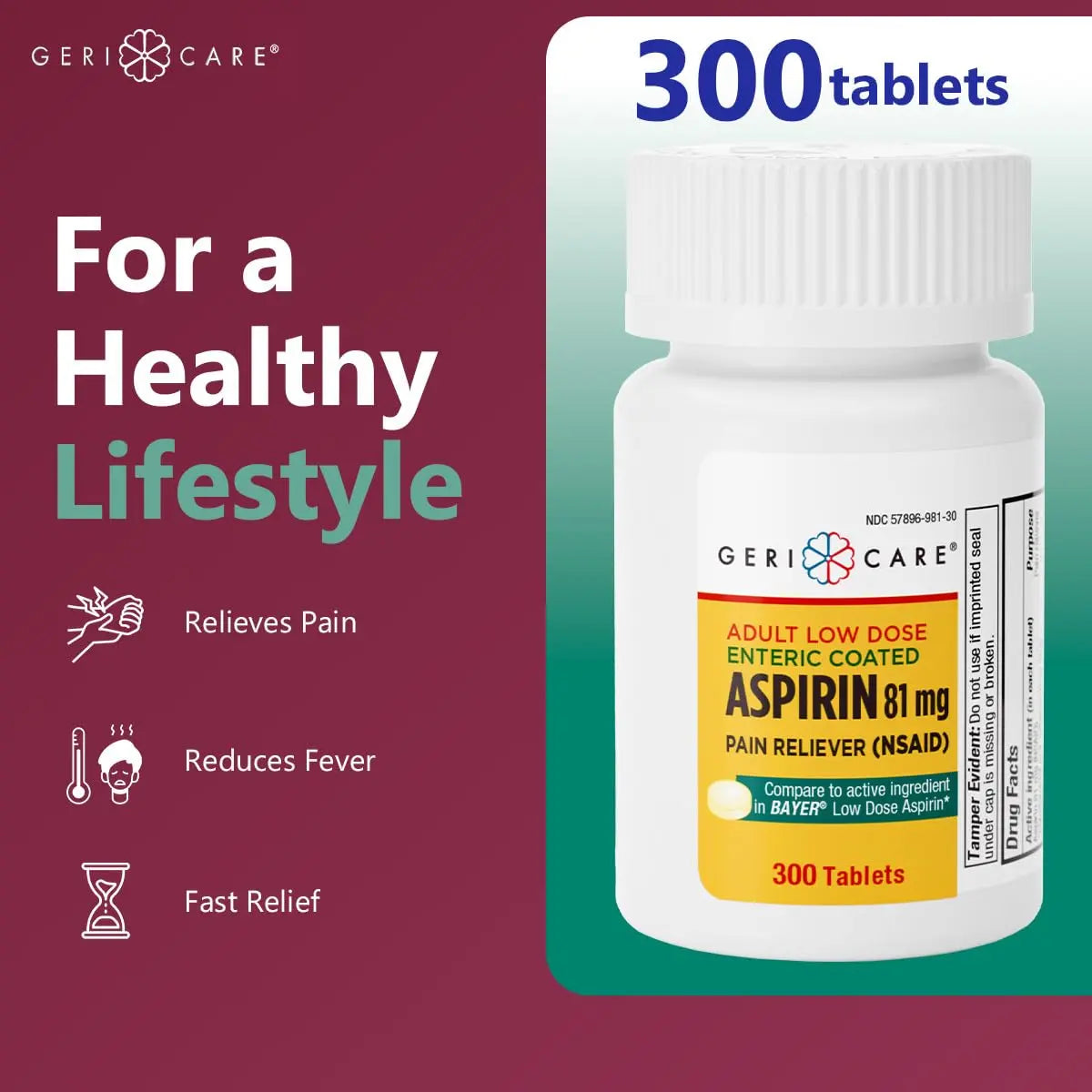 GeriCare Aspirin 81mg Adult Low Dose, Pain Reliever - Enteric Coated Tablets for Enhanced Absorption and Gentle Digestion – Supports Blood Flow, Reduces Inflammation, 300 Count (Pack of 1) GeriCare uk supplements
