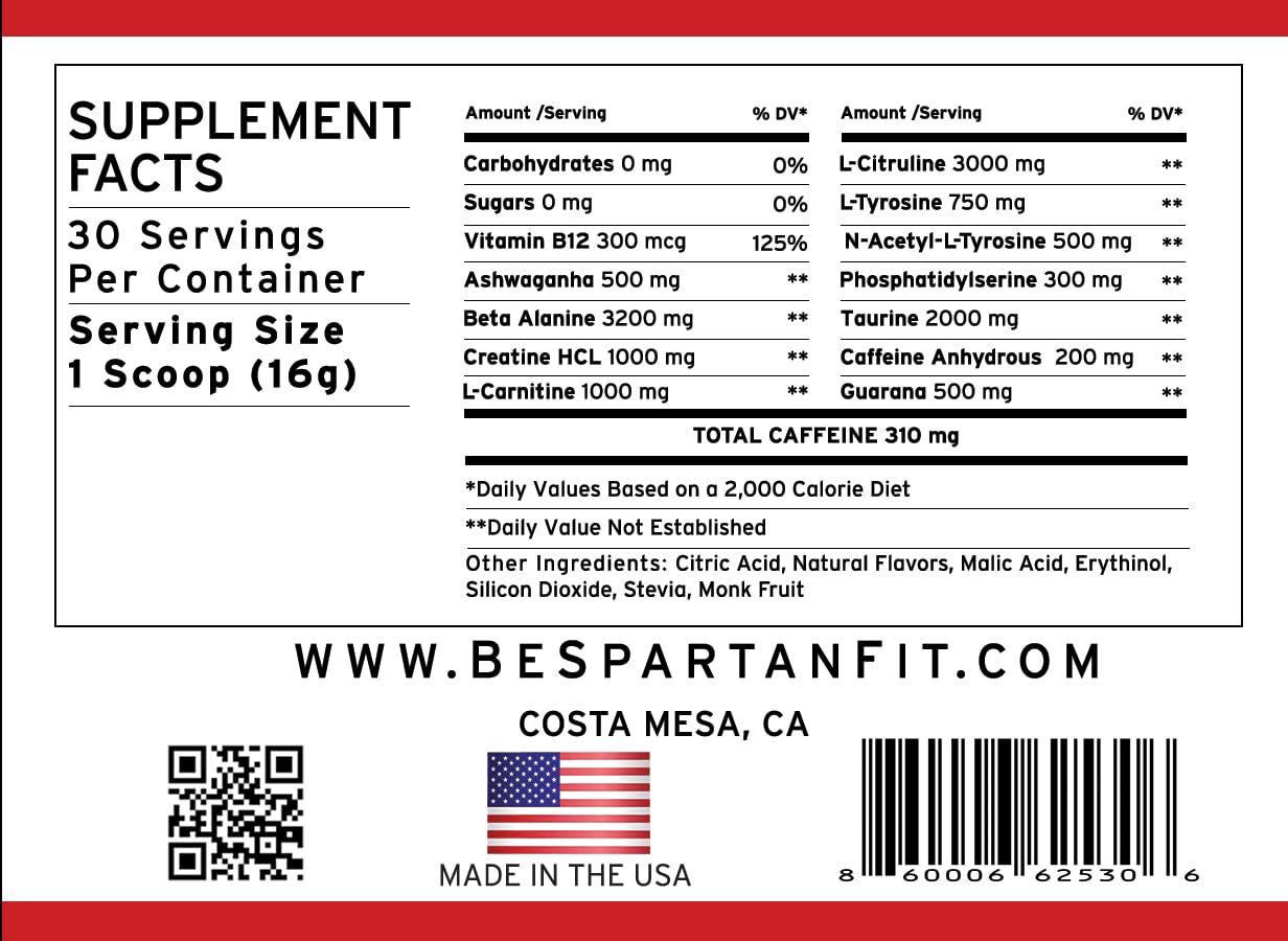 Spartan Fit Nutrition Pre-Workout Powder -Berry Flavor with Full Serving of Creatine +310mg Generic uk supplements