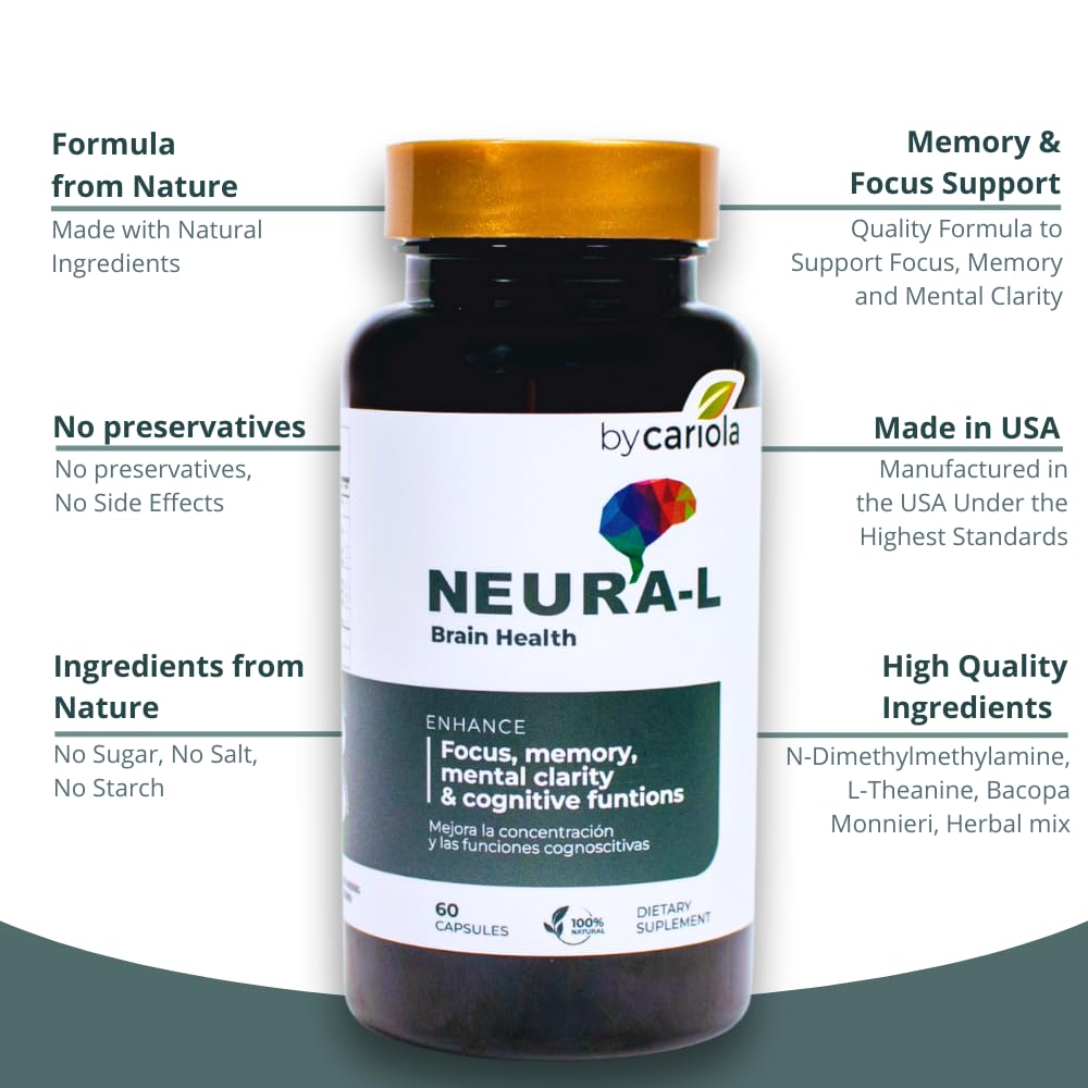 BY CARIOLA Neural-L Natural Brain Support Supplement 60 Caps - Mental Support – Memory Booster - Concentration - Natural Formula - Ashwagandha - L-Tyrosine - L-Theanine BY CARIOLA uk supplements
