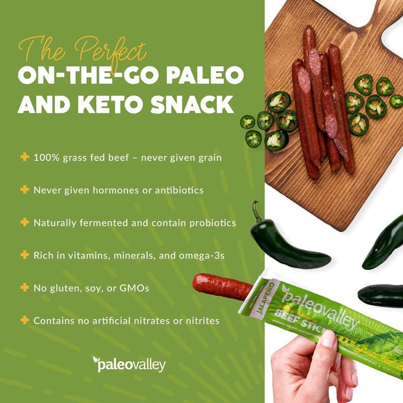 Paleovalley 100% Grass Fed Jalapeno Beef Sticks - Delicious Gluten Free Beef Snack - High Protein Keto Friendly Paleovalley uk supplements