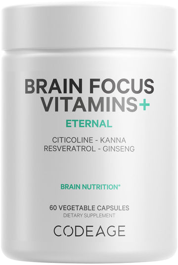Codeage Brain Focus Vitamins+ Nootropic Supplement with Citicoline as Cognizin, Panax Ginseng, Resveratrol, Gotu Kola, Vitamin B12 Methylcobalamin - Liposomal Delivery - Non-GMO - 60 Capsules Codeage uk supplements