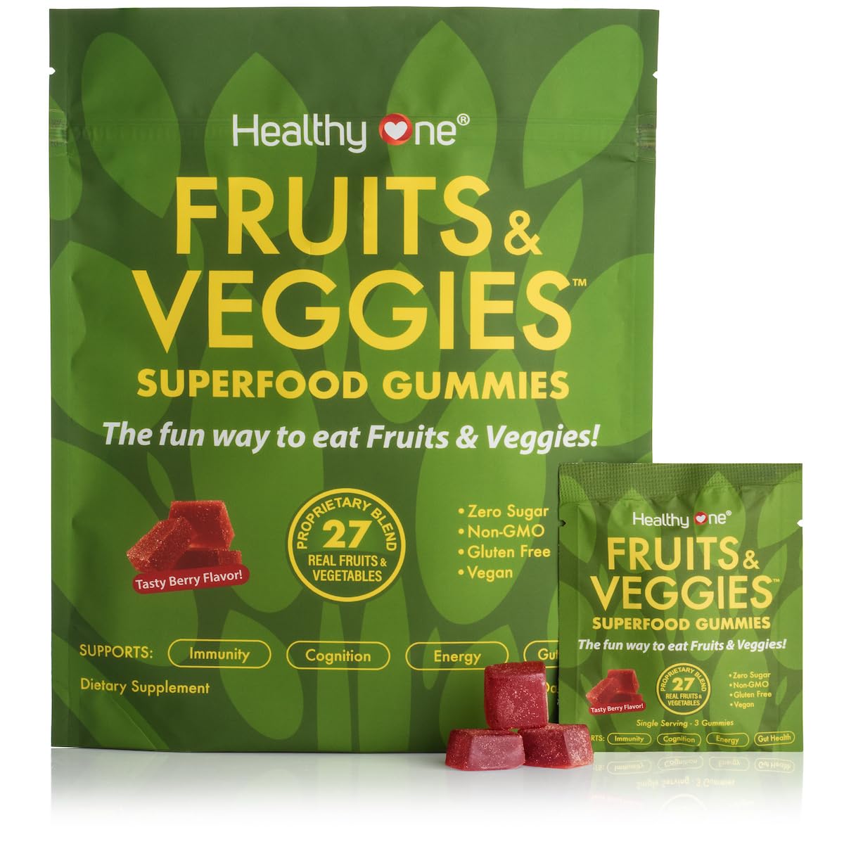 Fruits & Veggies Sugar-Free Gummies - 27 Whole Foods - Equals 3 Servings of Fruits & Vegetables - Improve Energy, Focus & Immune Function - Fiber - Antioxidants - Organic Ingredients - 14 Packets Healthy One uk supplements