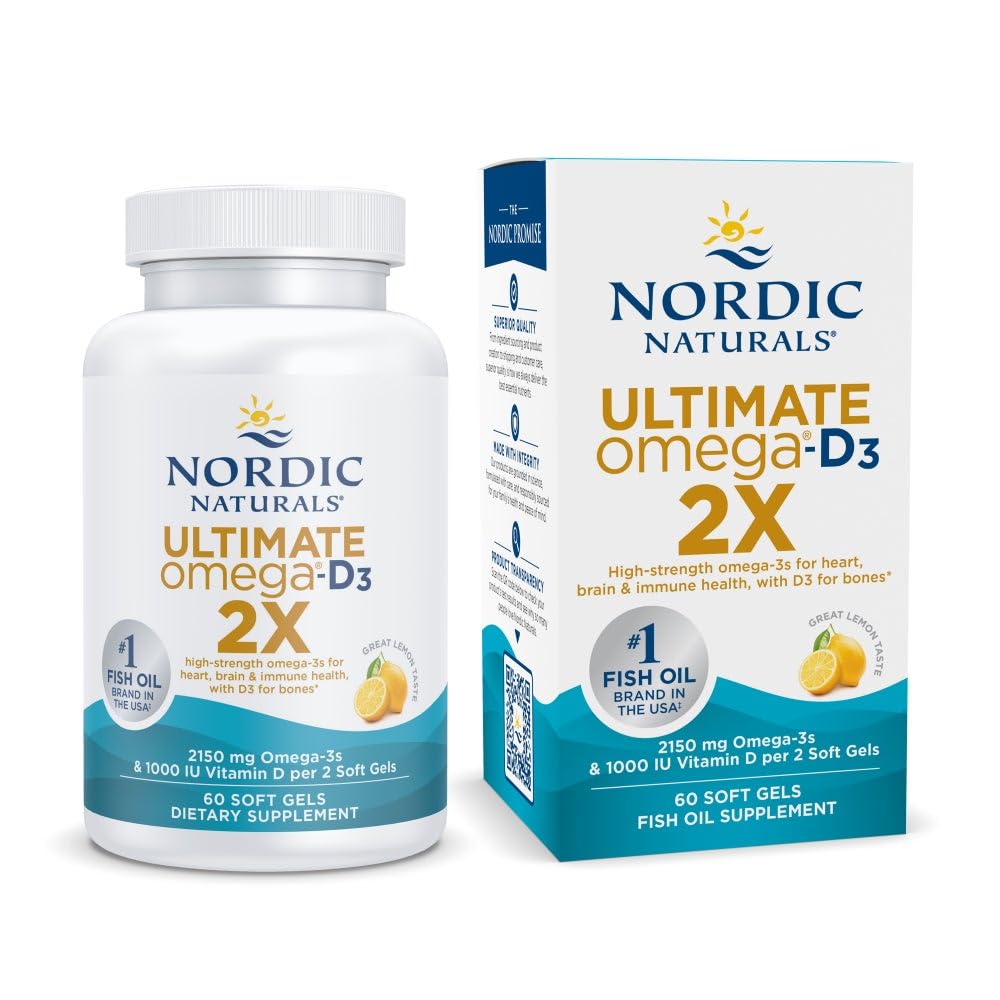 Nordic Naturals Ultimate Omega 2X with Vitamin D3, Lemon Flavor - 60 Soft Gels - 2150 mg Omega-3 + 1000 IU D3 - EPA & DHA - Brain, Heart, & Immune Health - 30 Servings Nordic Naturals uk supplements
