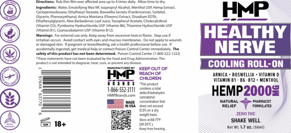 HMP Nerve Roll-On for Feet, Hands, Legs, Toes, Back 2000MG Hemp with Menthol & Arnica, Soothing Cooling Formula, Made in USA, 50ml (1 Pack) HMP BRANDS uk supplements