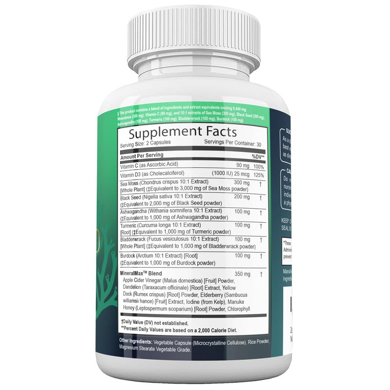 Sea Moss Capsules with Black Seed Oil, Burdock Root, Bladderwrack, Turmeric, Ashwagan Zeus Naturals uk supplements
