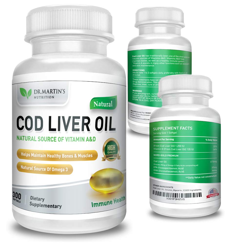 COD Liver Oil | 300 Softgels | Natural Source of Omega 3 Fatty Acids | Triple Strength | Best Immune Health, Healthy Bones & Muscle Dietary Supplement | DR. MARTIN'S NUTRITION uk supplements