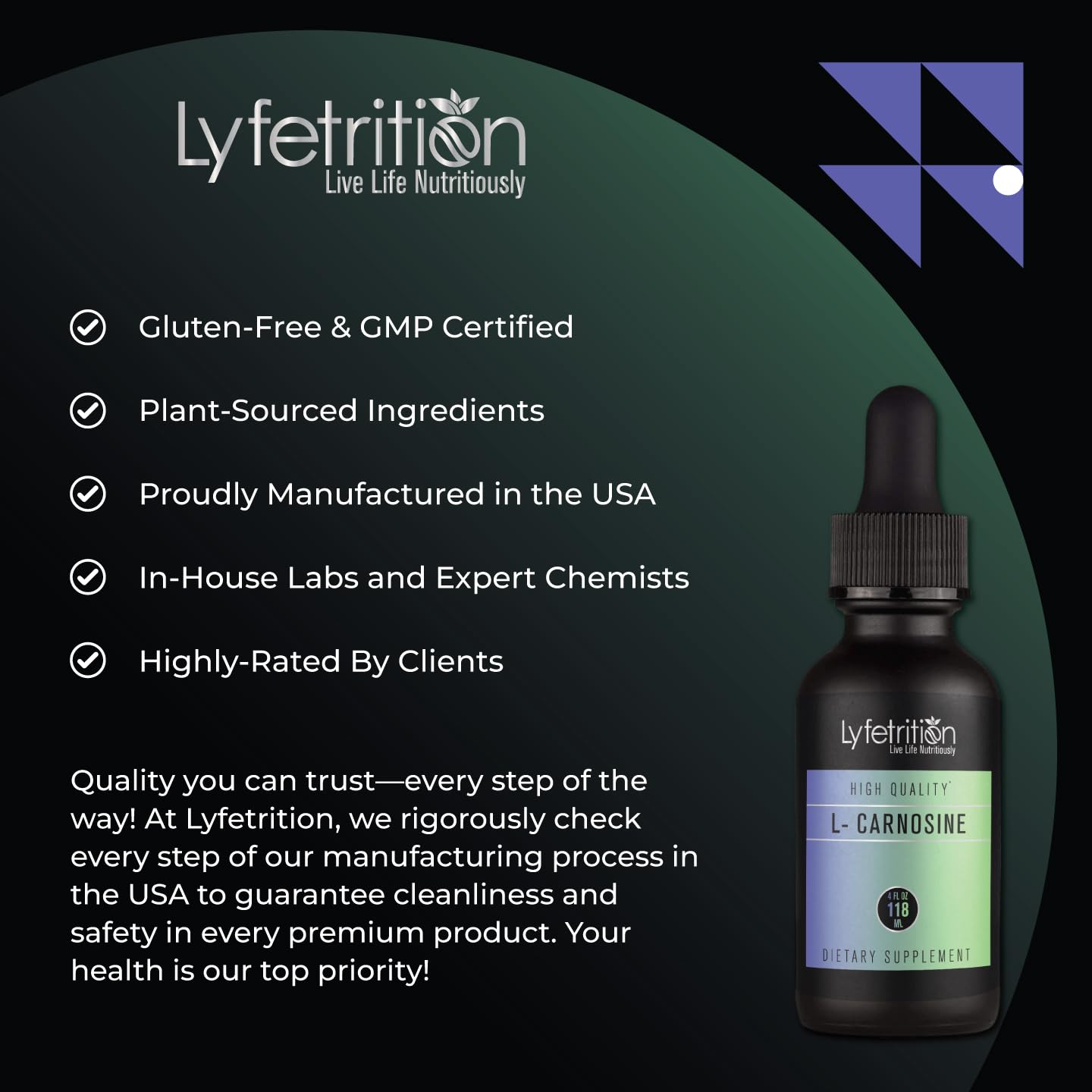 Lyfetrition L-Carnosine Liquid Supplement 118 ml, 4 FL Oz Liquid, 220 Servings, Made in USA, Quick Absorption, Potent Ingredients, Non-GMO Lyfetrition uk supplements