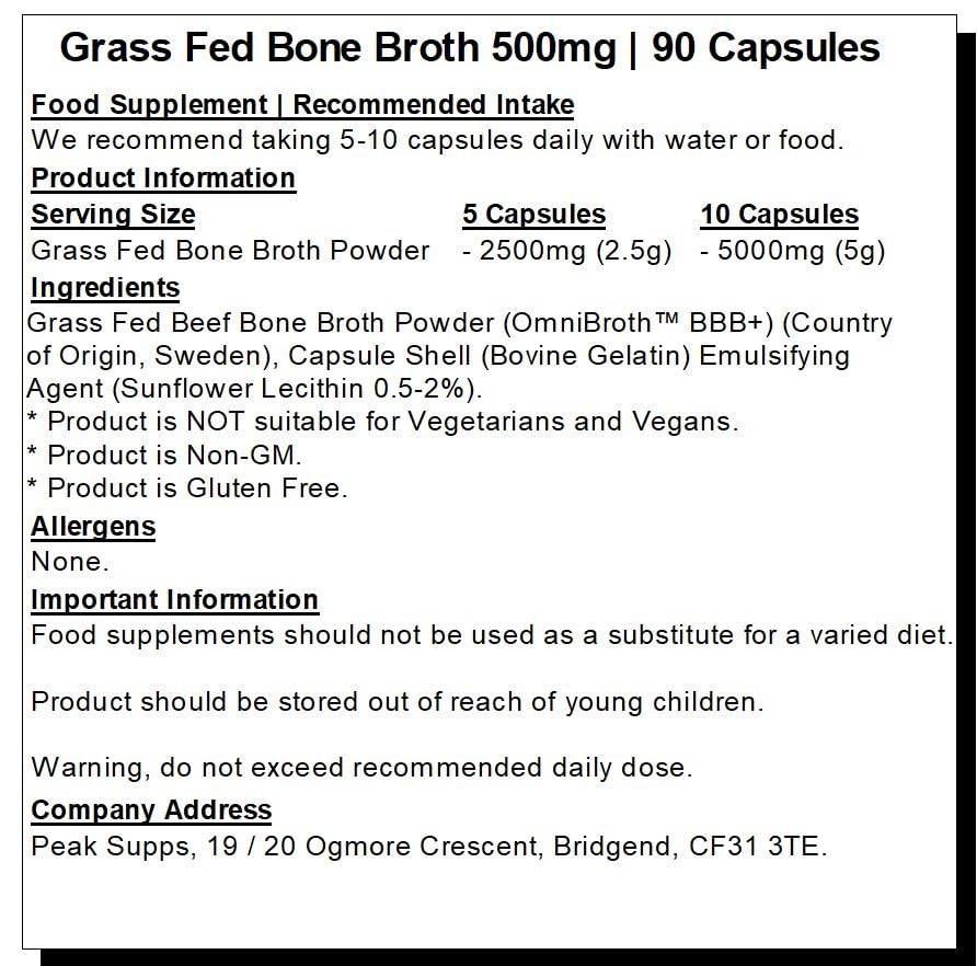 Grass fed Beef Bone Broth 500mg- 90 Capsules - Rich in Type 1 & 3 Collagen Peak Supps uk supplements