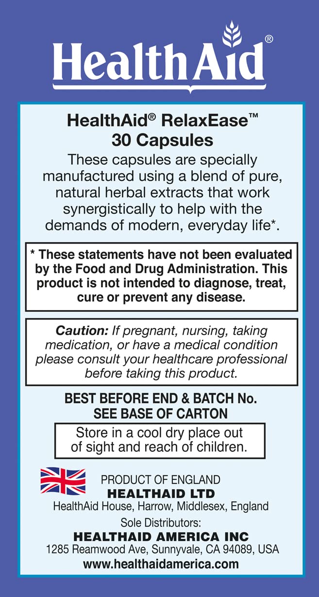 RelaxEase, Herbal Blend to Support Harmony and Tranquility, Once Daily, 30 ct, Helps Promote Health and Relaxation HealthAid uk supplements