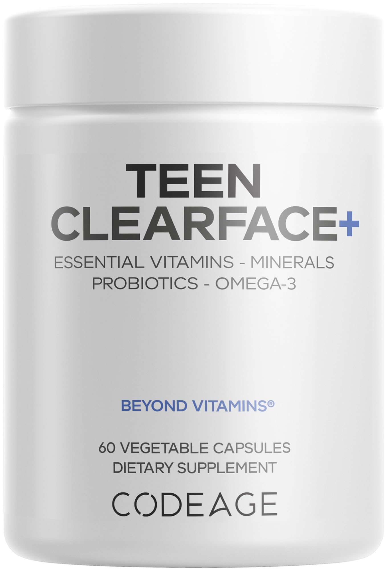 Codeage Teen Clearface Adolescent Face, Skin & Pimples, Vitamins A, C, D3, E, Pantothenic Acid, Niacin, Zinc Supplement Teenagers, Probiotics, L-Lysine, Omega-3, Oily Skin, Pores, Spots - 60 Capsules Codeage uk supplements