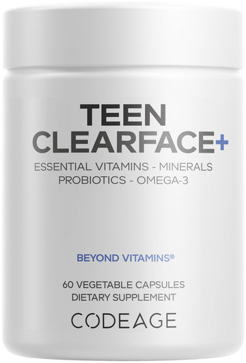 Codeage Teen Clearface Adolescent Face, Skin & Pimples, Vitamins A, C, D3, E, Pantothenic Acid, Niacin, Zinc Supplement Teenagers, Probiotics, L-Lysine, Omega-3, Oily Skin, Pores, Spots - 60 Capsules Codeage uk supplements