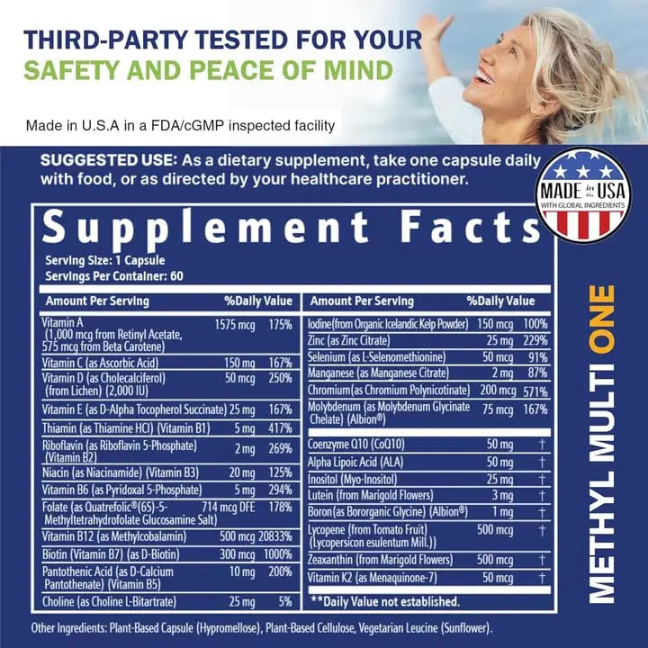 Power By Naturals Methyl Multi One - Iron-Free Methylated Multivitamin with Quatrefolic 5-MTHF, Active B12, P5P, CoQ10 & Zinc for MTHFR Support Power By Naturals uk supplements