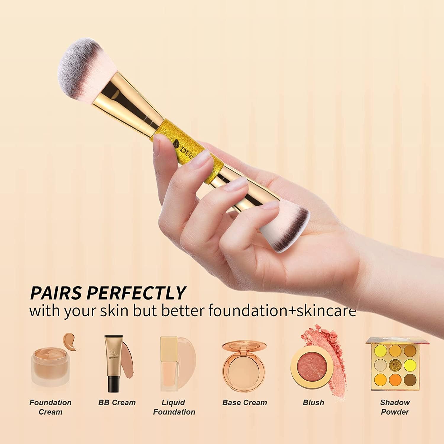 DUcare Dual End Foundation Contour Bronzer Brush, Gold Glitter Handle Double Ended Professional Face Makeup Tool for Liquid Cream Powder DUcare uk supplements