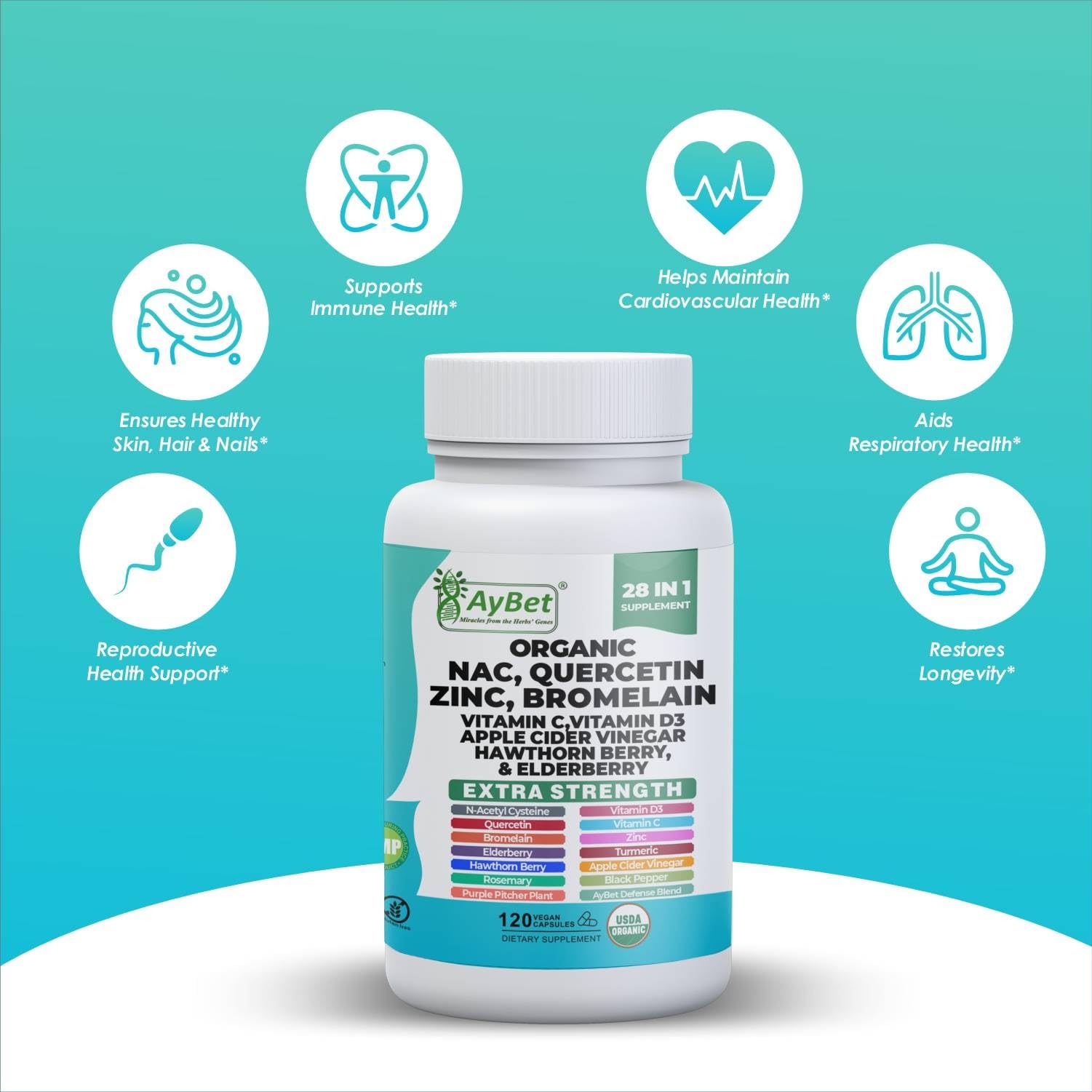 NAC-n-acetyl cysteine- Quercetin Zinc Bromelain Supplement | Extra Strength with Vit C, D3, Apple Cider Vinegar, Elderberry, Hawthorn Berry, Turmeric | Immune Support|120 Vegan Capsules | USDA Organic AyBet uk supplements